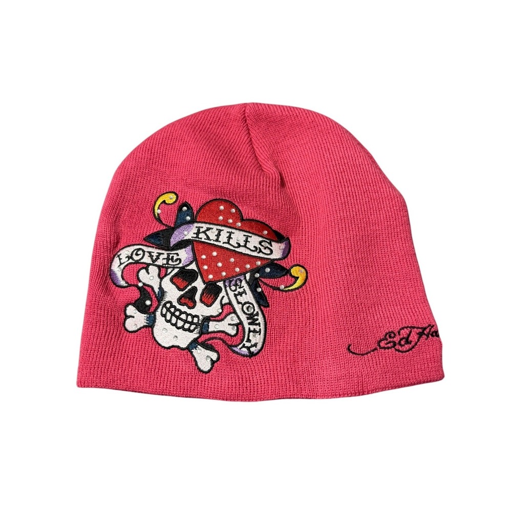 Ed Hardy Beanie Hat One Size Pink Love Kills Slowly Rhinestone Skull Tattoo Y2K